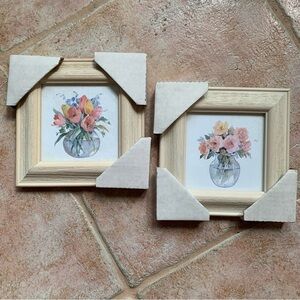 Set/2 Framed floral prints in weathered wood frames farmhouse pastel country
